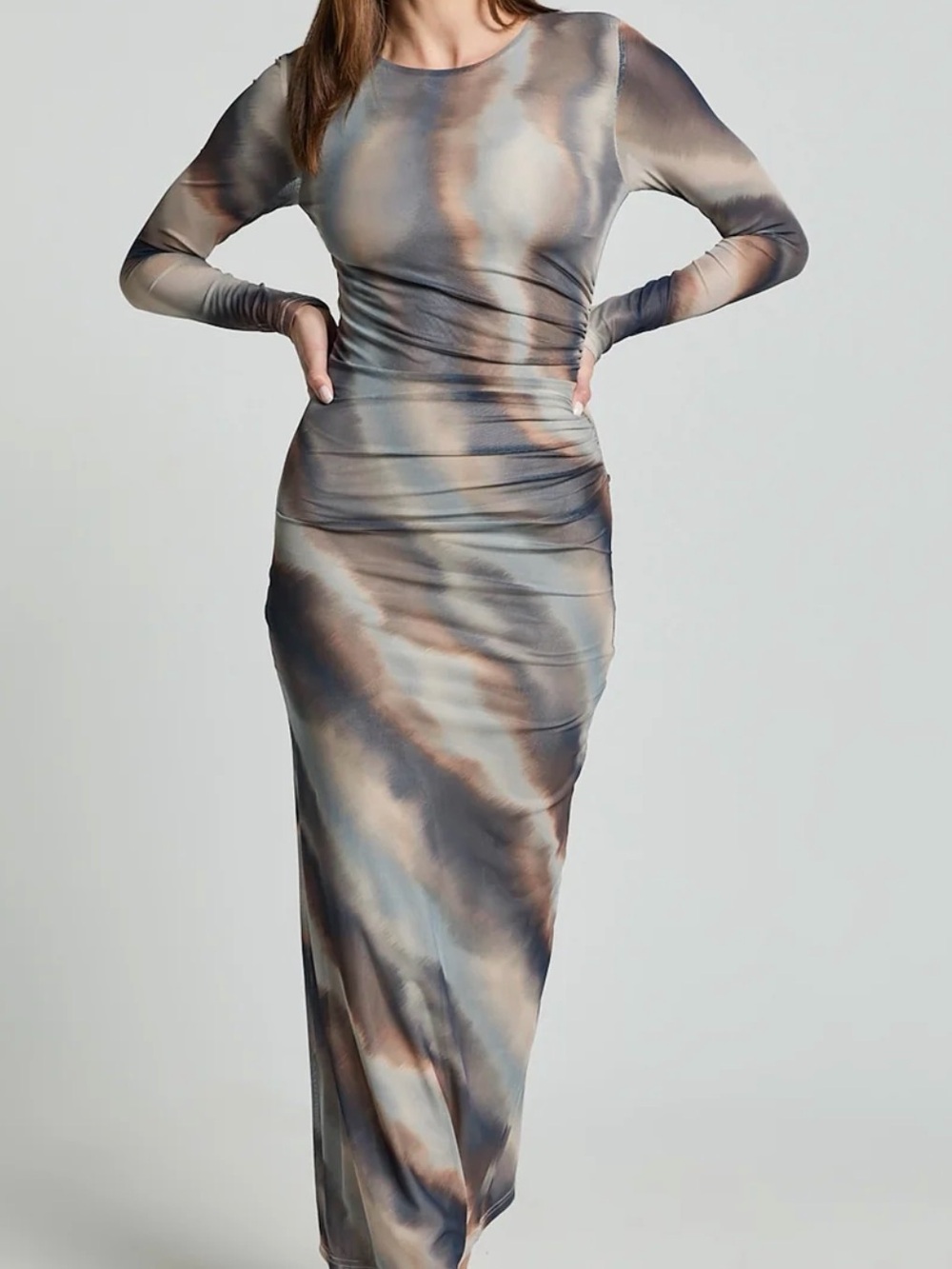 Showpo Long Sleeve Tie-Dye Midi Dress in Blue, Gray, Brown